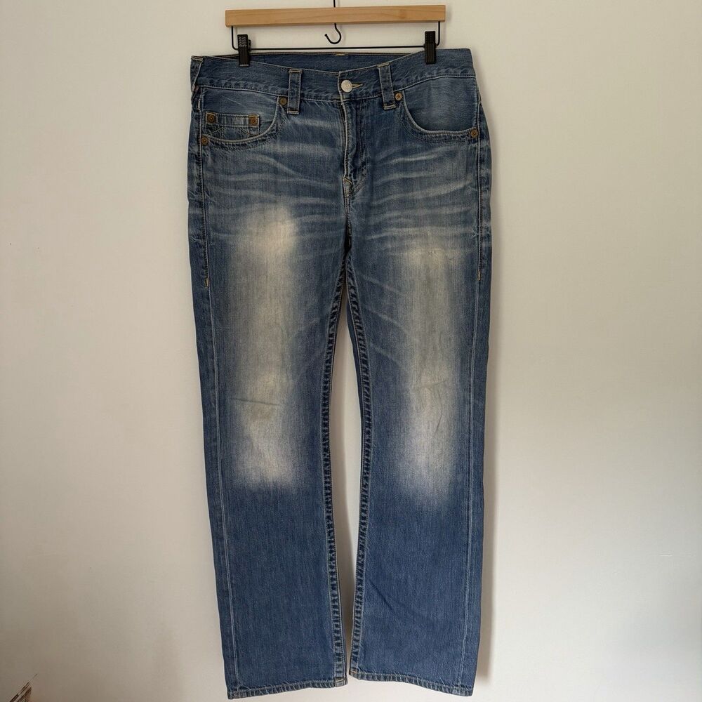 True Religion Straight Leg Jeans Size 36 Mens Blue Wash World Tour Buddha Logo